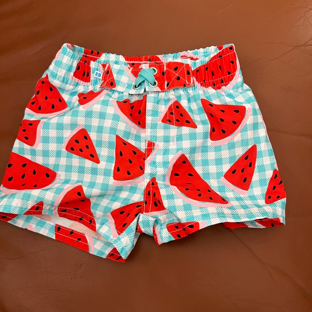 Ruffle Butts Red and Aqua Kids Swim Trunks